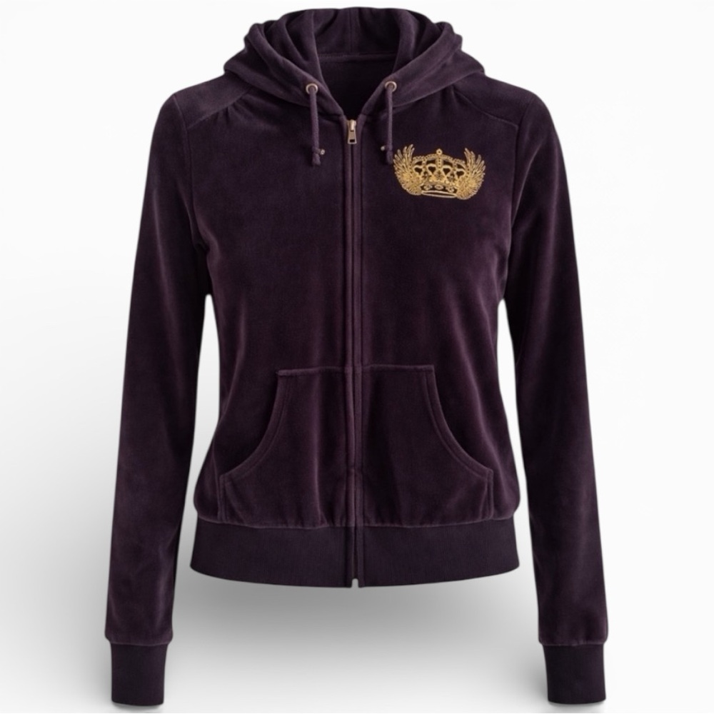 Bershka Black Velour Y2K Zip Hoodie Gold Crown Graphic Streetwear Size M